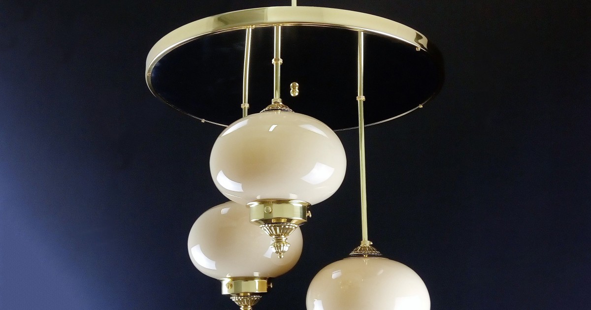 Large Brass Chandeliers With Opal Glass In Art Deco Style Verre De Bohême Opal Glass In Art Deco Style, Brass And Glass Orb Chandeliers Taiwan