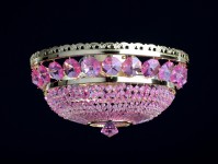 3 Bulbs surface-mounted basket crystal chandelier with large cut magenta octagons - Gold brass