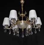 Solid cast brass crystal chandelie with 6 white lampshades