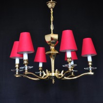 The 6-arms cast brass chandelier in the shape of a golden cup - without / with the lampshades