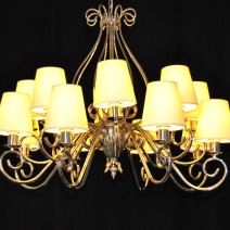 The custom-made silver tubular chandelier with white lampshades