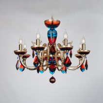 Lustre en cristal ROUGE-BLANC à 8 bras, décoré d'un amalgame d'or.