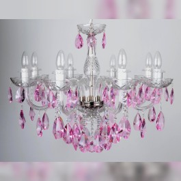 Lustre en cristal à 8 bras en verre lisse et des amandes violettes et fuchsia taillées.