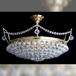 Lustre en cristal à panier avec 9 ampoules avec boules en cristal taillé III. - Laiton doré