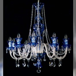 Lustre à 10 bras en cristal bleu gravé