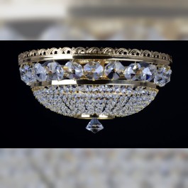 Lustre à 3 ampoules en cristal de panier apparent avec grands octogones taillés - Laiton doré