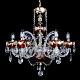 Lustre bohème en cristal rubis de taille moyenne décoré d'émail haut et de quatre cornes en verre
