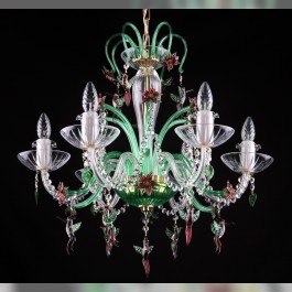 Lustre vert à 6 bras en cristal avec oiseaux