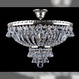 Lustre en cristal à panier argenté à 6 ampoules avec pendentifs en forme de diamant