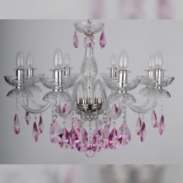 Lustre à 8 bras en cristal avec bras en verre lisse et amandes violettes et fuchsia taillées