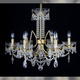 Lustre à 6 bras en cristal de laiton avec amandes en cristal taillé et chaînes en strass