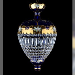 Blue basket chandelier with glass flowers & Crystal trapezoids