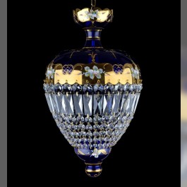 Lustre à panier bleu avec fleurs en verre et trapèzes en cristal