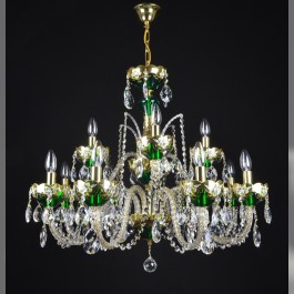 Lustre à 12 bras en cristal émaillé vert avec des fleurs en verre sur la base en or