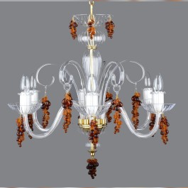 Lustre en cristal soufflé à 6 branches, orné de grappes de raisin en verre transparent et dépoli