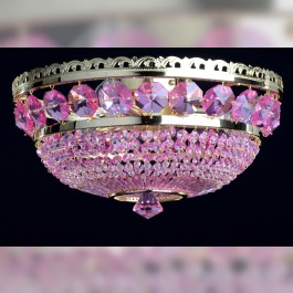 3 Bulbs surface-mounted basket crystal chandelier with large cut fuchsia octagons - Gold brass