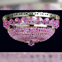 Lustre en cristal à panier avec 3 ampoules en applique avec de grands octogones fuchsia taillés - Laiton doré