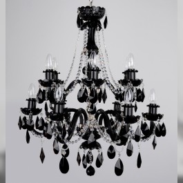 Lustre en cristal noir et blanc à 12 bras - chaînes en amandes noires et en strass transparents