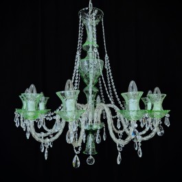 Lustre 10 bras en cristal vert finition métal argenté décoré d'amandes taillées
