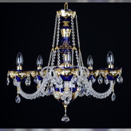 Lustre à 5 bras en cristal émaillé bleu avec des fleurs en verre sur la base en or