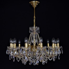 Lustre en cristal de laiton doré avec 12 bras métalliques avec Cr. amandes. Laiton poli.