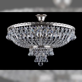 Lustre en cristal à panier argenté à 6 ampoules avec pendentifs en forme de diamant