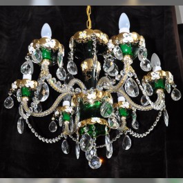 Lustre à 6 bras en cristal émaillé vert avec fleurs en verre