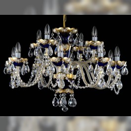 Lustre à 12 bras en cristal émaillé bleu avec fleurs en verre et amandes