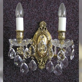 2 Arms Cast brass wall light with hand blown bobeches & Crystal almonds