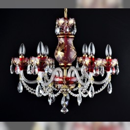 Lustre en cristal rouge rubis à 6 bras avec peinture à la main - Feuilles d'or