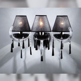 Applique à 3 bras en cristal argenté en verre noir avec abat-jour