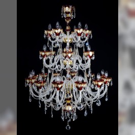 Grand lustre à 24 bras en cristal émaillé rouge rubis avec des fleurs en verre de type HE