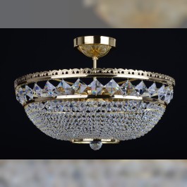 Lustre à panier avec 9 ampoules en cristal de Swarovski avec pierres carrées - Laiton doré