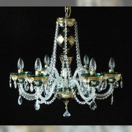 Lustre à 6 bras en cristal émaillé vert avec des fleurs en verre sur la base en or