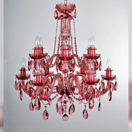 Grand lustre en cristal rose avec 12 ampoules