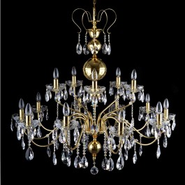 Lustre en cristal doré à 15 bras, composé de pièces en laiton pressées manuellement