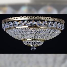 Lustre à 9 ampoules en cristal de panier apparent avec de grands octogones taillés - Laiton doré