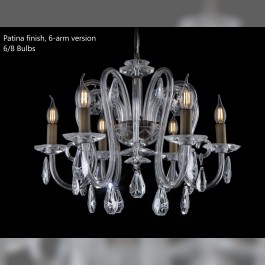 Lustre design à 6 ou 8 branches, composé de verre sablé et de cristaux en forme d'amandes ornés de découpes géométriques