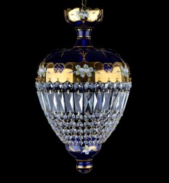 Blue basket chandelier with glass flowers & Crystal trapezoids