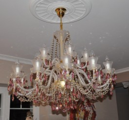 18 Arms Crystal chandelier made of sand blasted glass & cut Fuchsia almonds