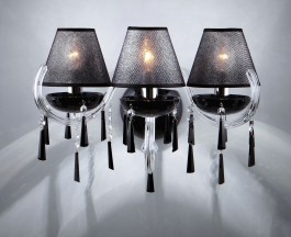 3-arm silver crystal wall light made of black glass with lampshades