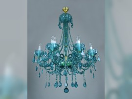 Lustre décoratif en cristal bleu-vert avec tubes en verre blanc