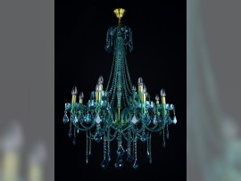 Lustre décoratif en cristal bleu-vert avec tubes en laiton doré
