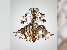 Lustre Murano à 6 branches en verre transparent avec contour coloré (topaze) 1