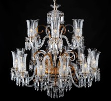 18-arm crystal chandelier with diamond cut vases, amber glass