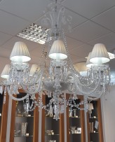 8-arm crystal chandelier with crystal prisms & white lampshades