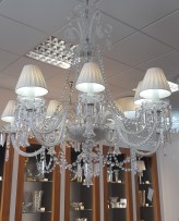 8-arm crystal chandelier with crystal prisms & white lampshades