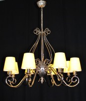 The custom-made silver tubular chandelier with yellow textile 8  lampshades