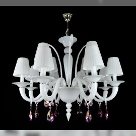 Lustre 12 bras blanc neige à décor de cristaux colorés - variation
