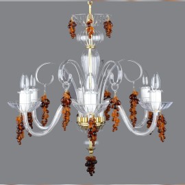 Lustre en cristal soufflé à 6 branches, orné de grappes de raisin en verre transparent et dépoli